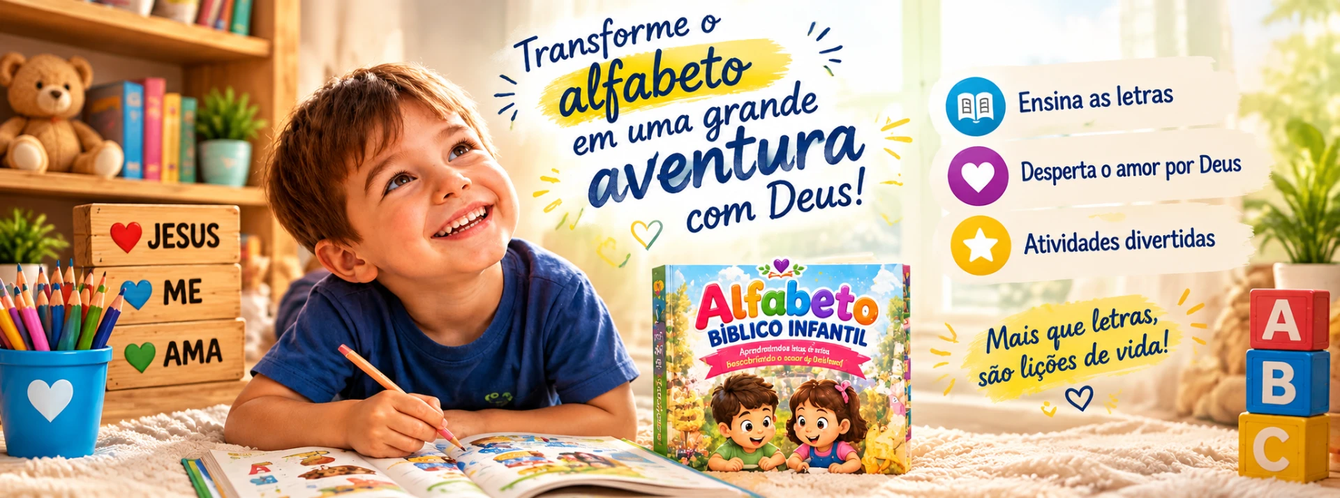Criança colorindo com o Alfabeto Bíblico Infantil e mensagens sobre aprender as letras e amar a Deus