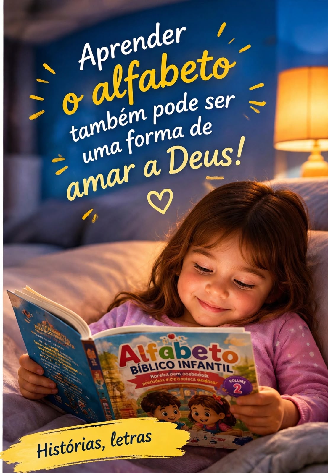 Criança lendo o Alfabeto Bíblico Infantil antes de dormir